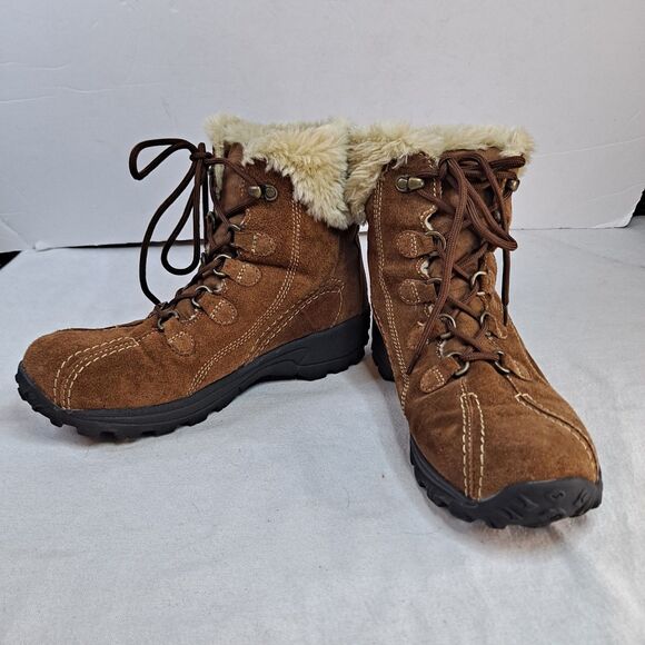 Earth Spirit Seona Winter Boots Womens Sz 9 Brown Suede Faux Fur Lined Lace-Up - Picture 1 of 12